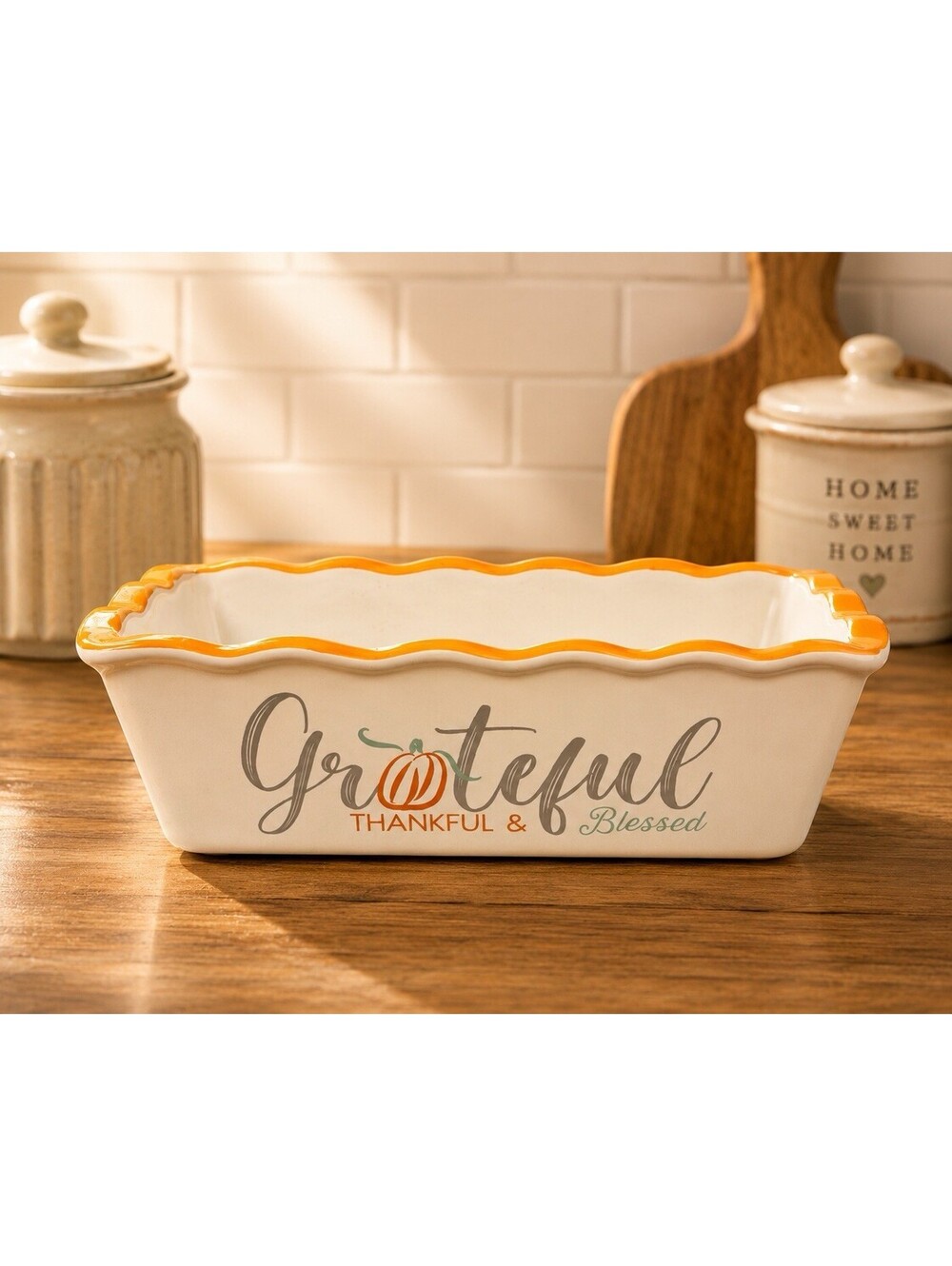 Nantucket Grateful Thankful Blessed Stoneware Mini Loaf Baker, 6.5x3.5x2”